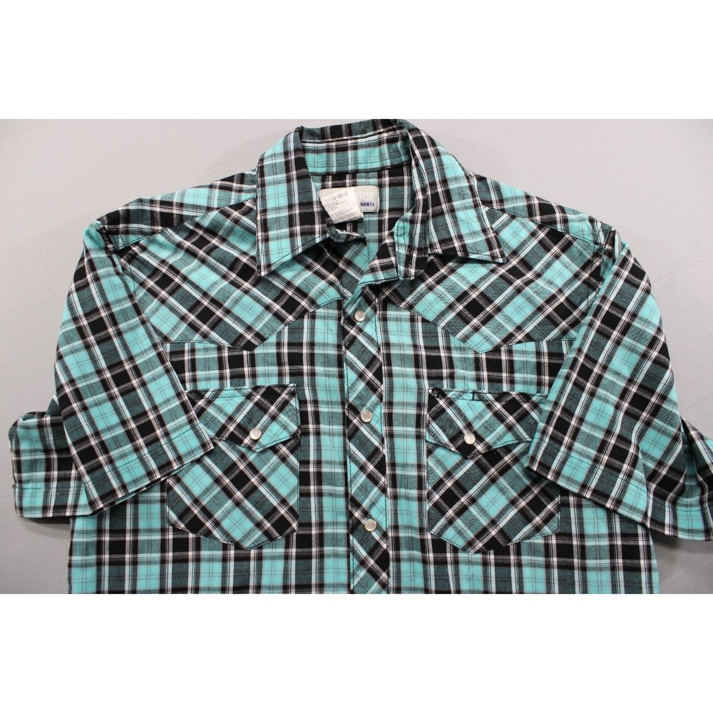 Wrangler Wrancher Shirt Short Sleeve Plaid Ranch Cowboy Western Medium Green
